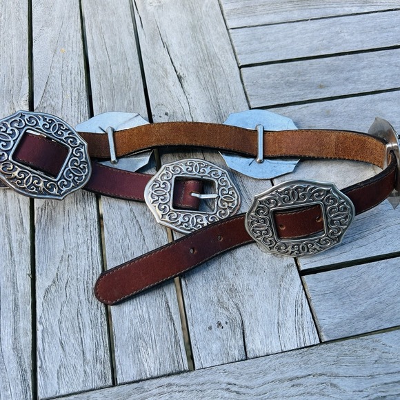 Brighton Accessories - Vtg 90's Brighton Oval Sunflower Concho Belt S Brown Leather Floral Boho Cowgirl